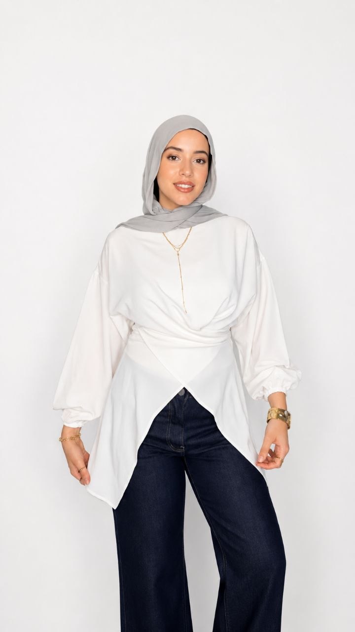 Wrap Blouse with Puff Sleeves – White & Yellow