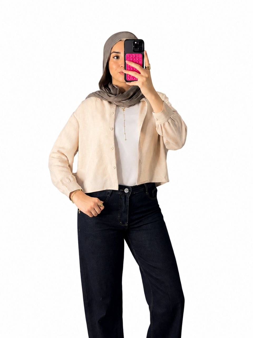 Premium Cropped Cotton Linen Shirt - Beige